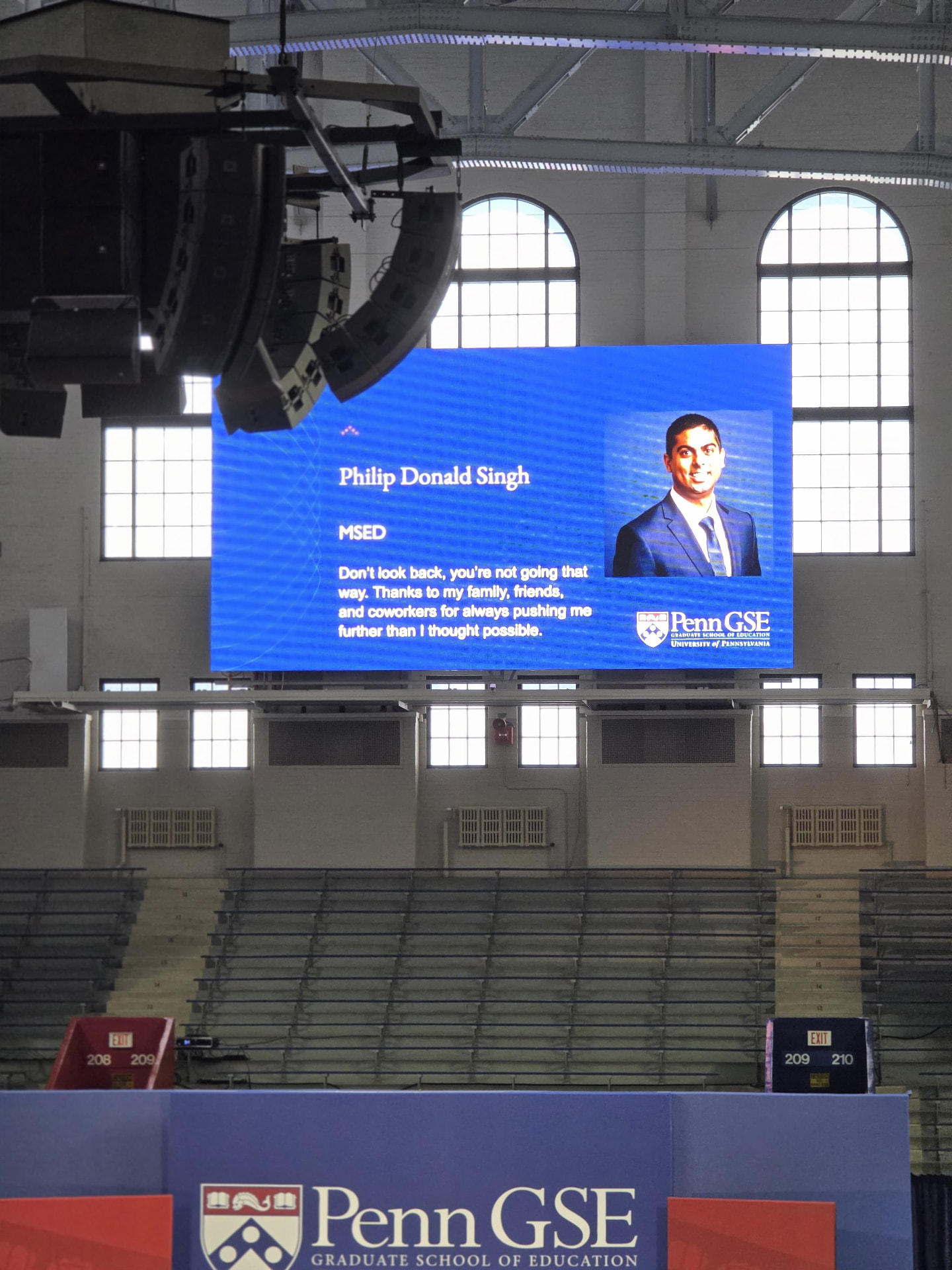 Philip Donald Singh, M.S.Ed., recognized on the Penn GSE commencement screen