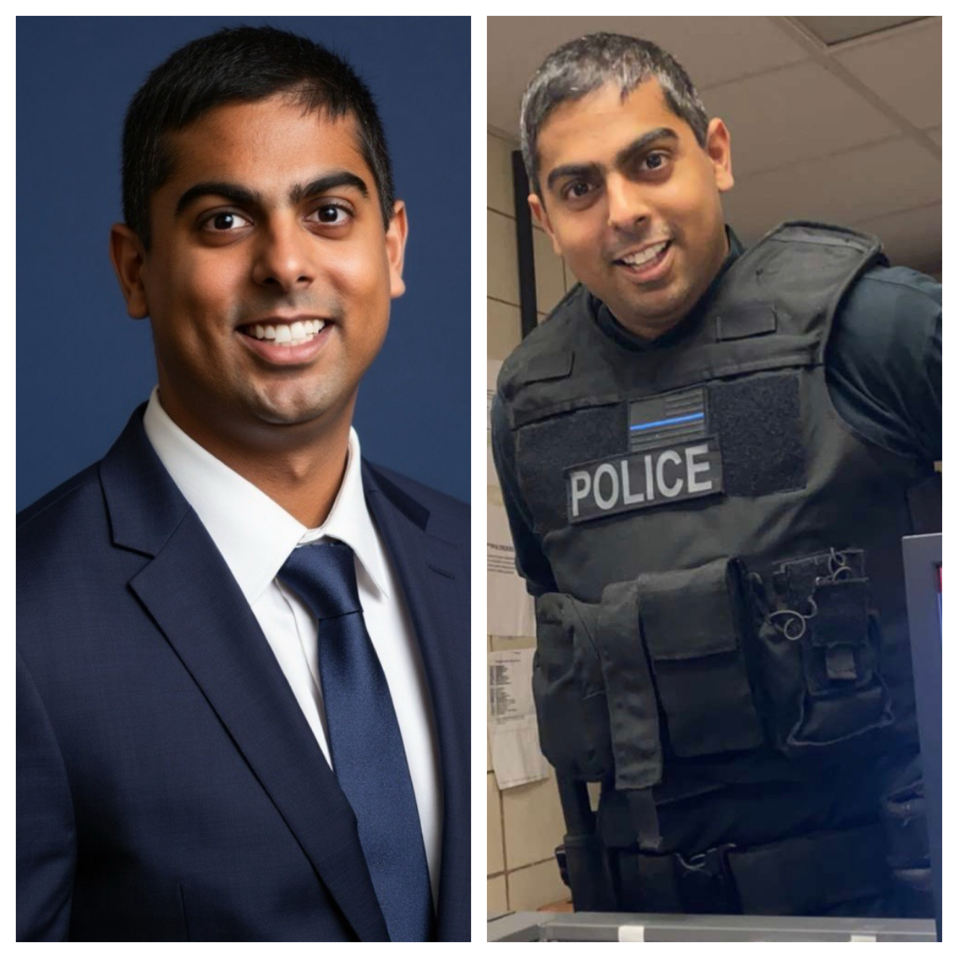 Philip Singh — founder of NOVA Readiness, shown in professional attire and in Philadelphia Police uniform