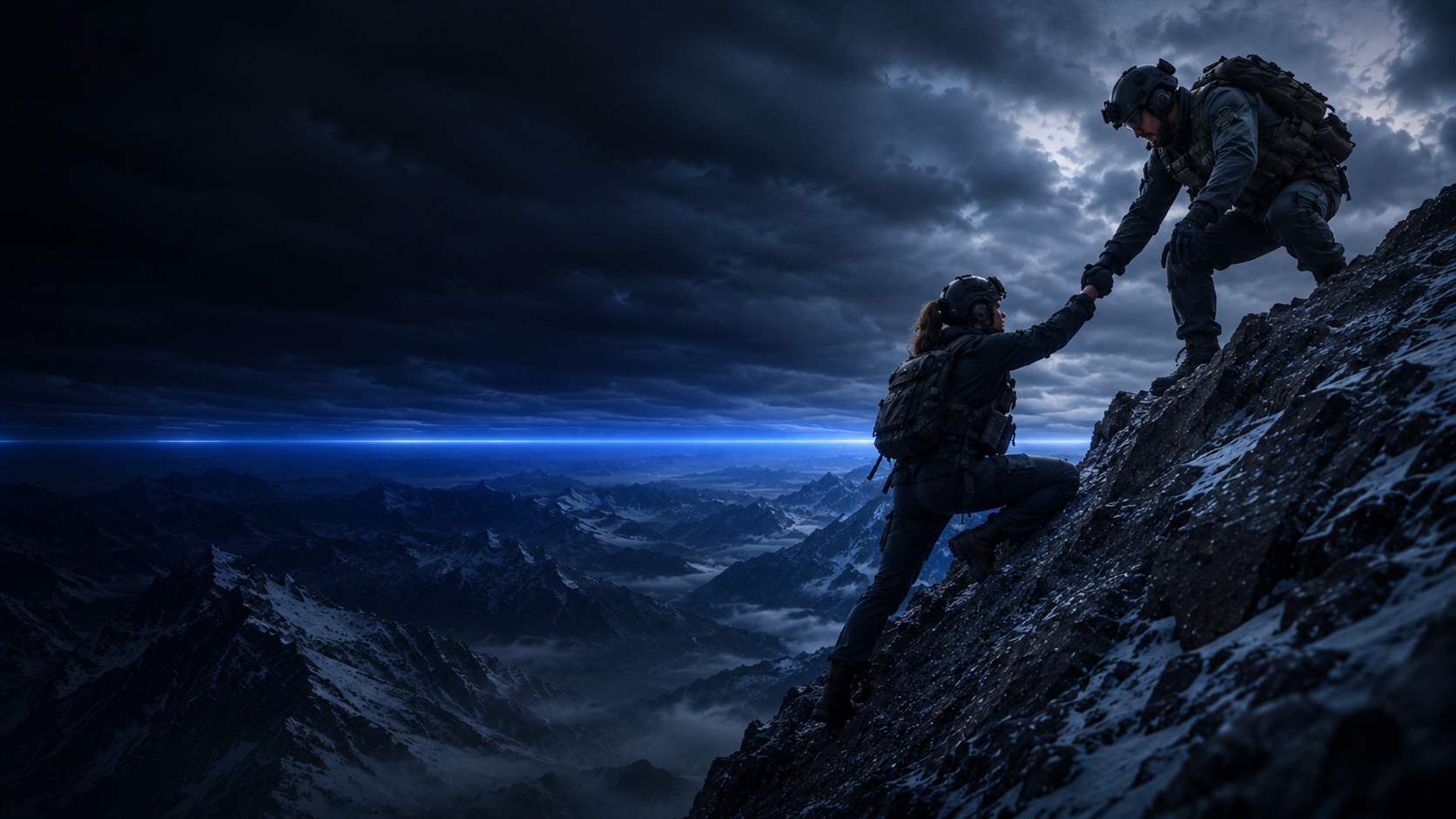 Two operators helping each other ascend a mountain at twilight — teamwork, trust, and resilience