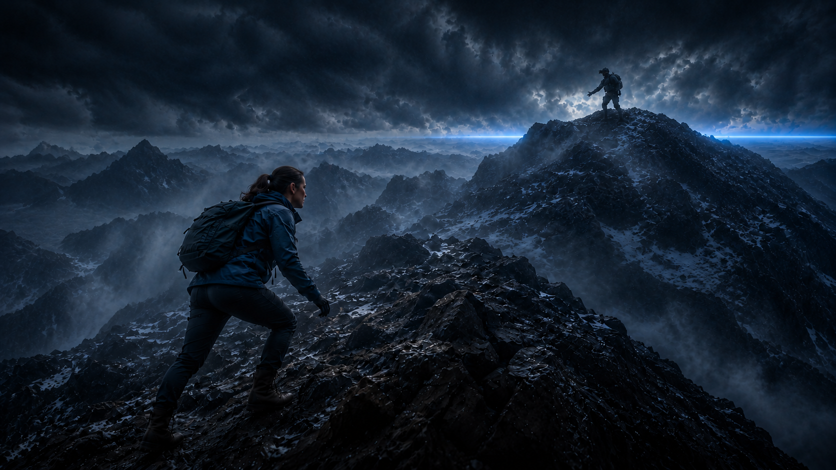 A woman climbing a rugged mountain ridge toward a tactical operator standing on a distant summit at dusk — resilience, ascent, and support