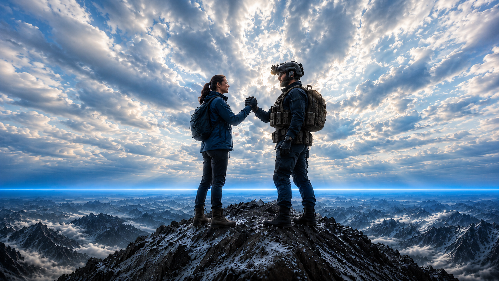 Two people meeting at a mountain summit, hands clasped